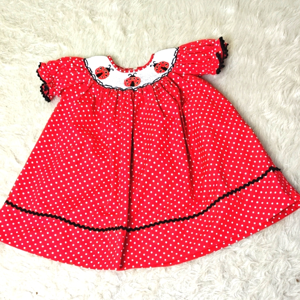Smocked Vintage Red Polka Dot Dress with Ladybug Design 12mo